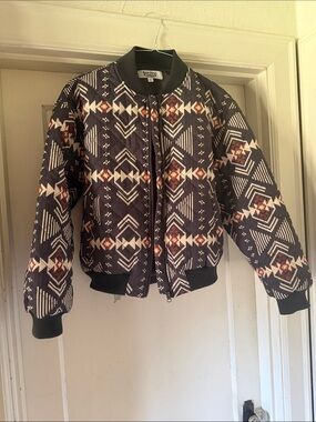 Patterned Quilted Bomber Jacket in Brown & Cream with Rust Accents